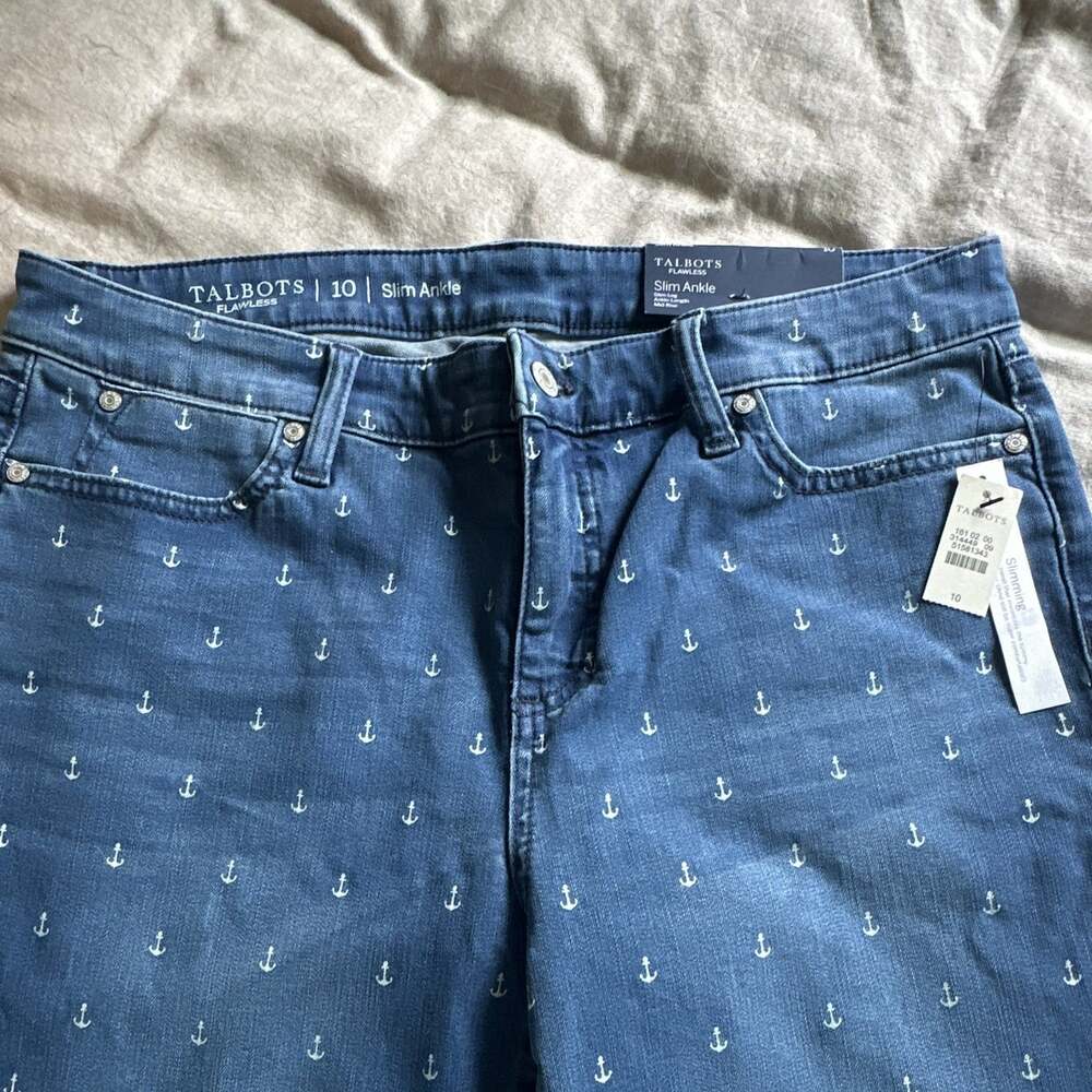 NWT Talbots Women's 10 Blue Slim Ankle Jeans Mid Rise Anchor Nautical Denim Pock